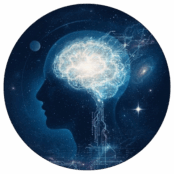 Mystical digital art depicting the convergence of artificial intelligence and universal consciousness within a human silhouette against a cosmic background.